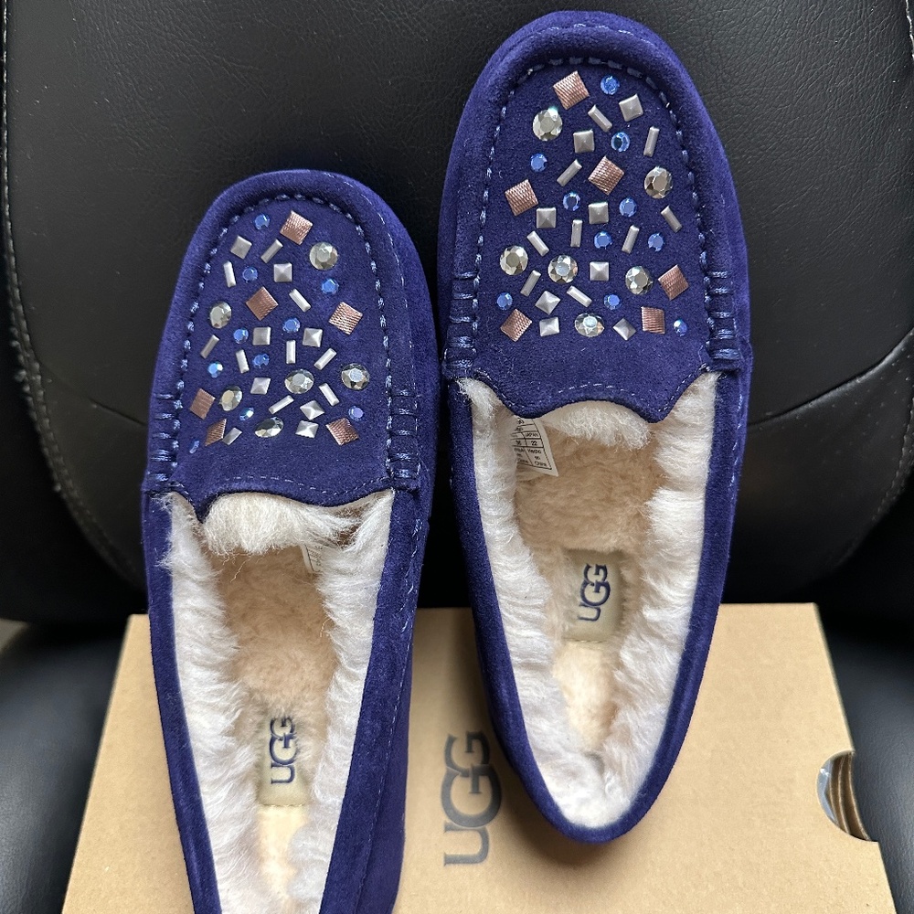 NIB! UGG Ansley Stud II Women's Slippers Size 5 Purple Suede Sheepskin Slip On